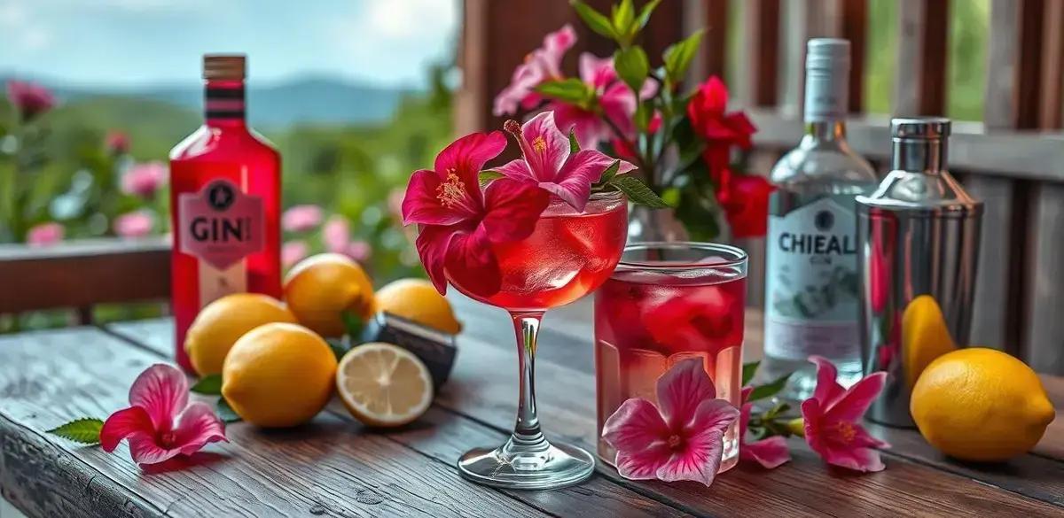 Ingredientes do coquetel com espuma de hibisco e gin