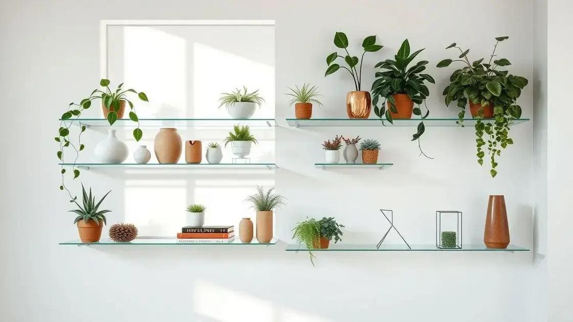 decoração combinando prateleiras invisíveis e plantas